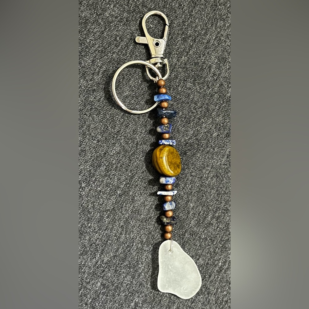 Jersey Shore & Aruba sea glass key chain with Tigers Eye stone.
